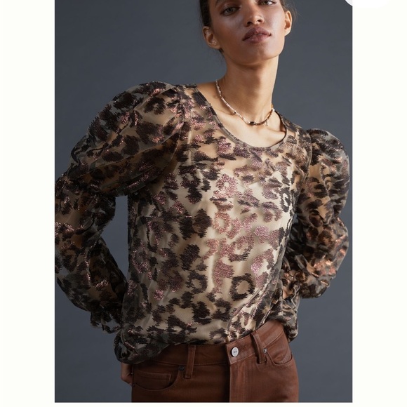 Anthropologie Eva Franco Sheer Leopard Top Animal Print Puff Sleeve Sz M NEW - Picture 1 of 16